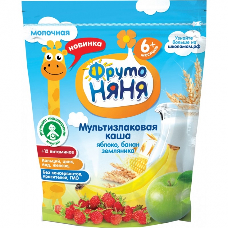 ФрутоНяня Каша молочная с яблоком, бананом и земляникой 200 гр.